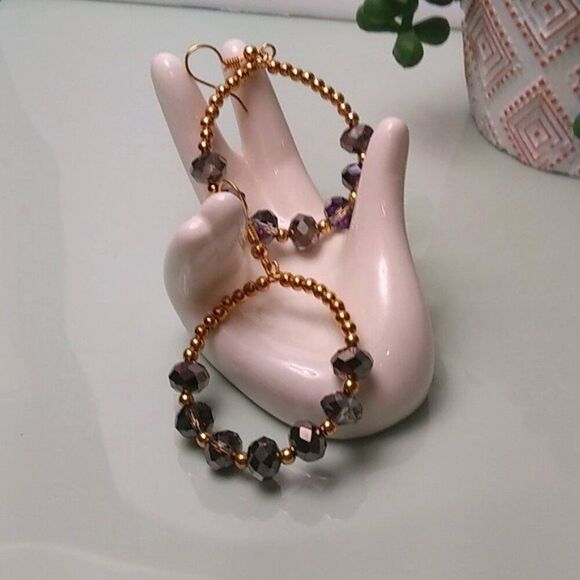 Dark Smokey Iridescent Beaded Teardrop Earrings - Picture 3 of 3